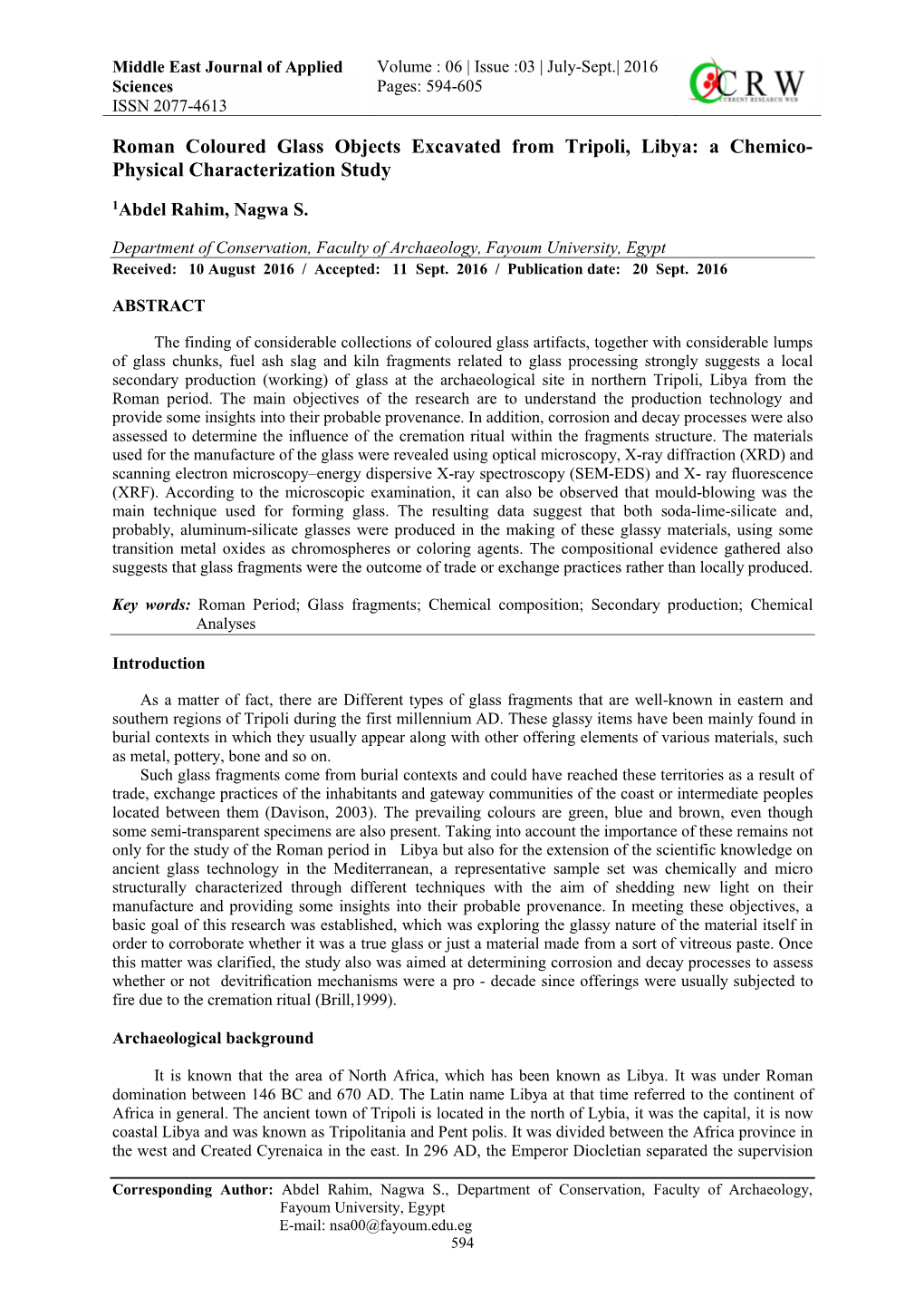 Roman Coloured Glass Objects Excavated from Tripoli, Libya: a Chemico- Physical Characterization Study