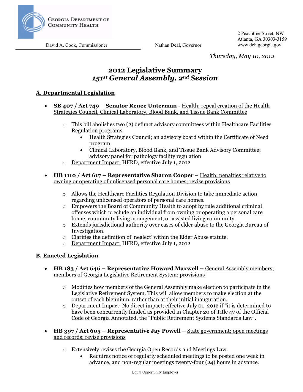 2012 Legislative Summary 151St General Assembly, 2Nd Session