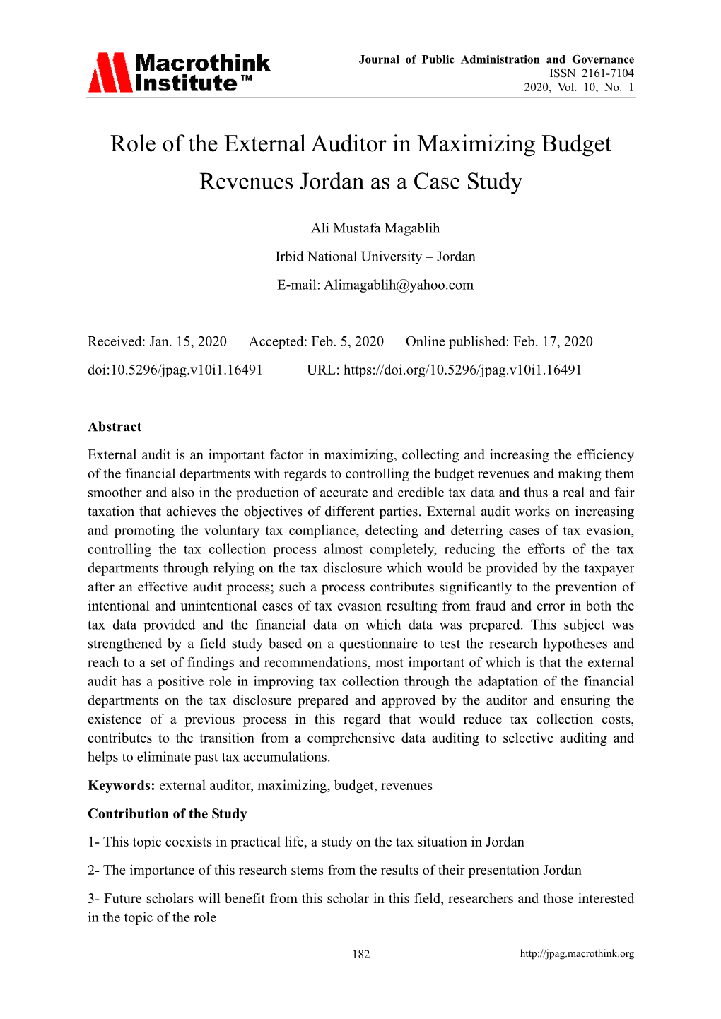 Role of the External Auditor in Maximizing Budget Revenues Jordan As a Case Study