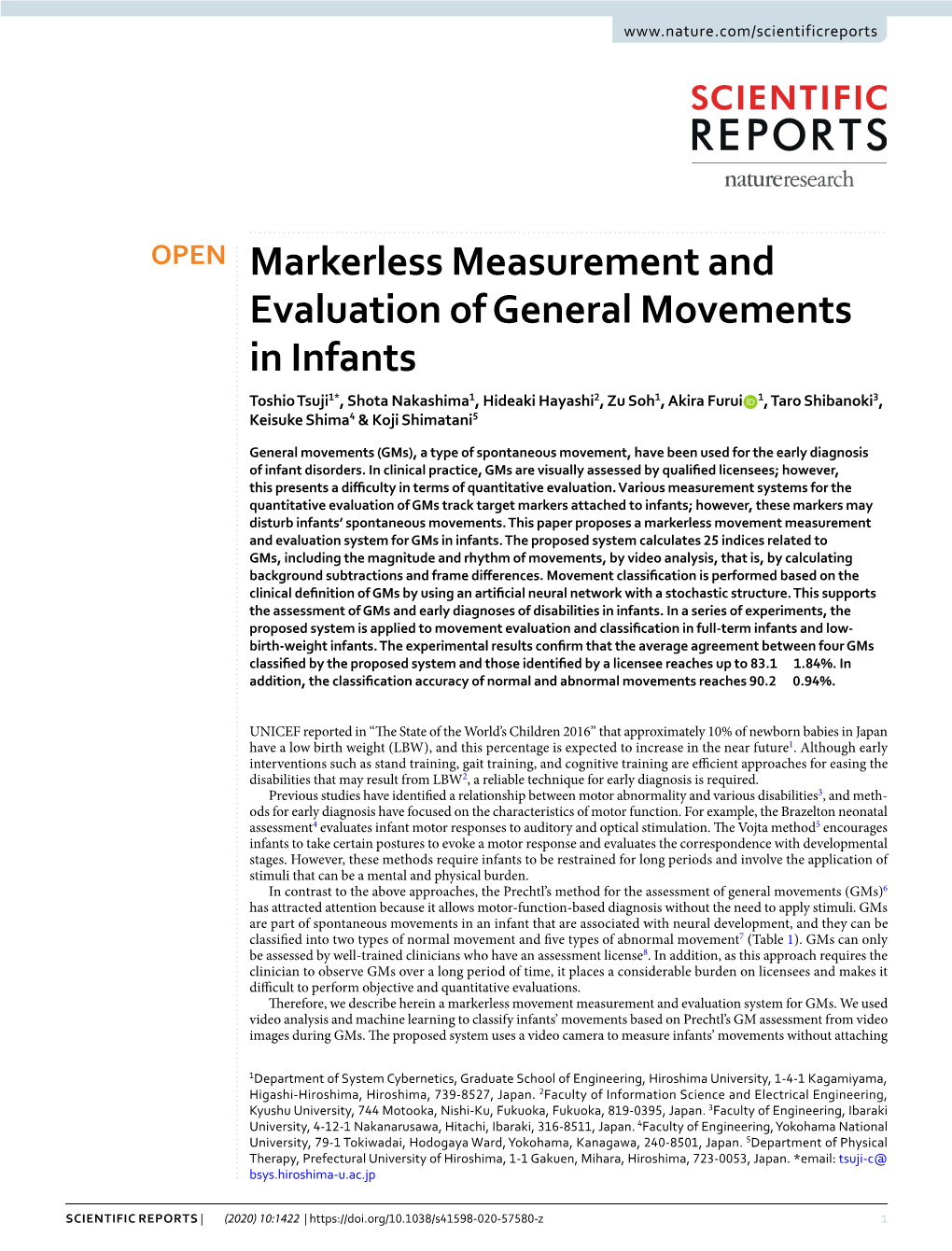 Markerless Measurement and Evaluation of General Movements in Infants
