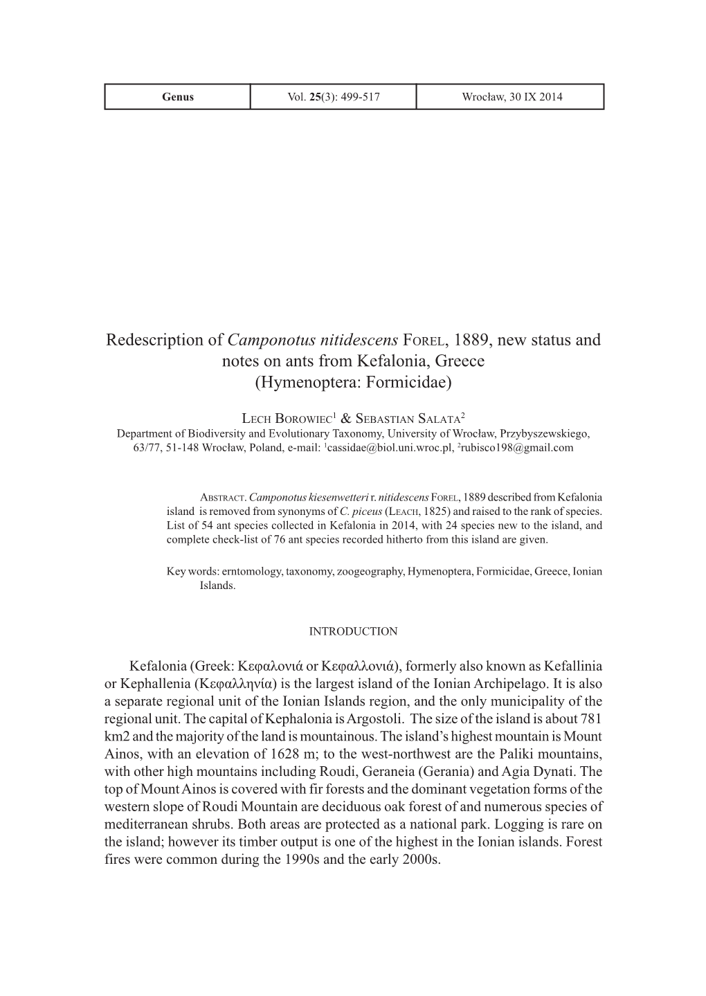 Redescription of Camponotus Nitidescens Forel, 1889, New Status and Notes on Ants from Kefalonia, Greece (Hymenoptera: Formicidae)