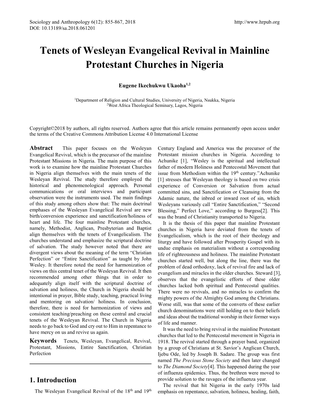 Tenets of Wesleyan Evangelical Revival in Mainline Protestant Churches in Nigeria