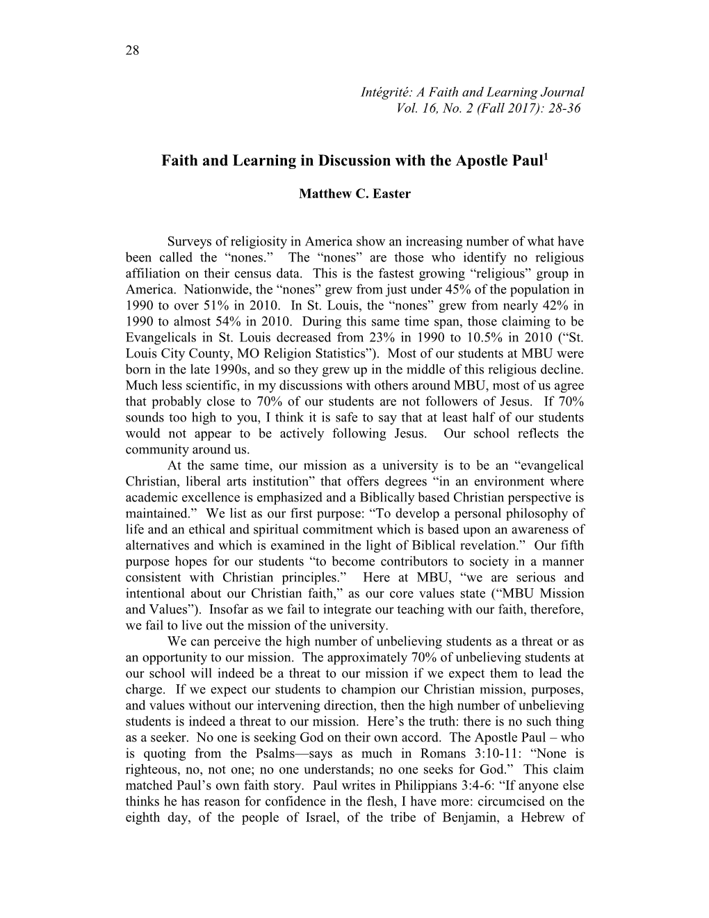Faith and Learning in Discussion with the Apostle Paul1