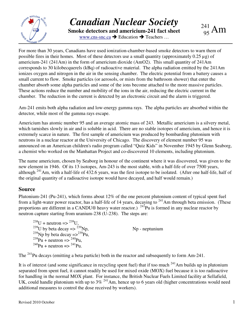 Smoke Detectors and Americium-241 Fact Sheet 95 Am  Education  Teachers …