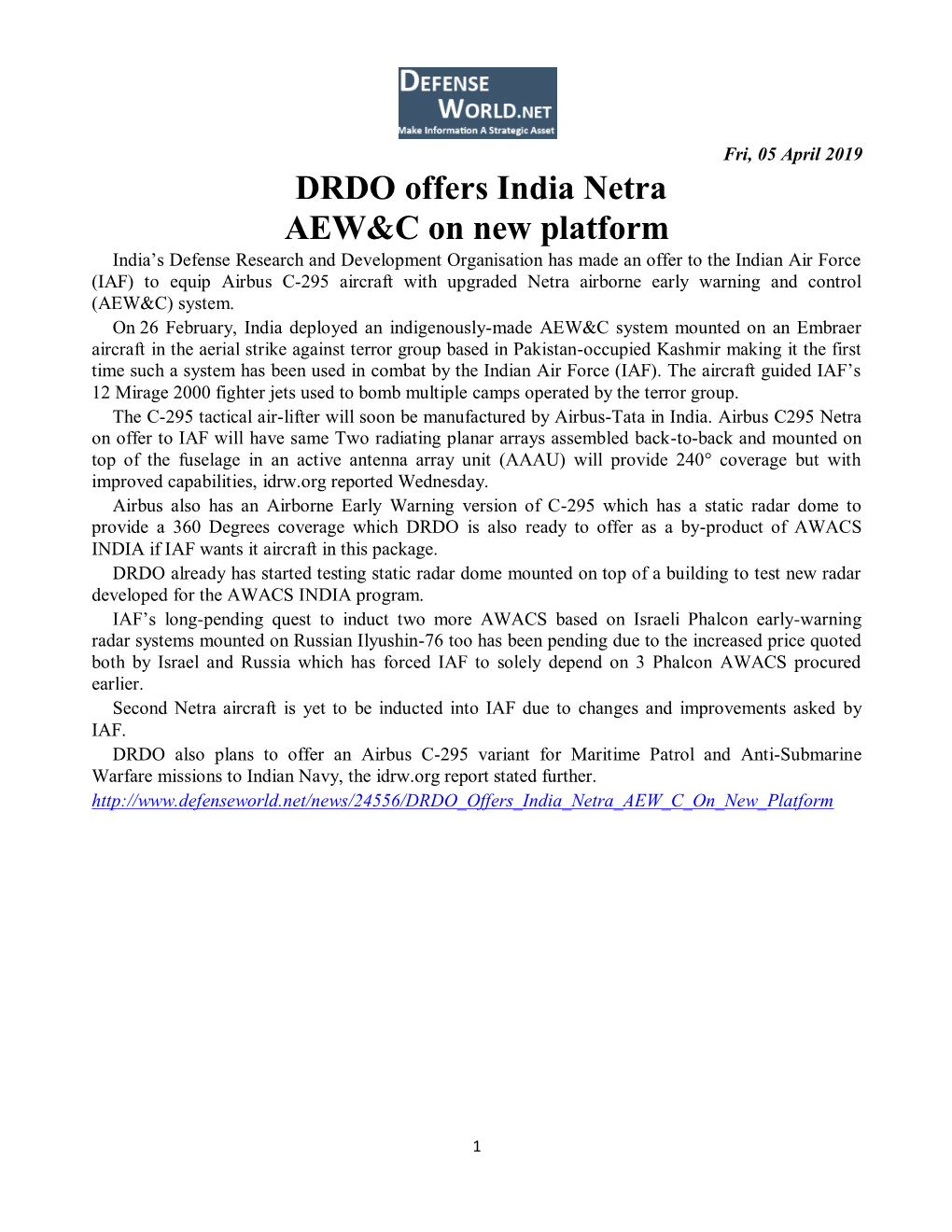 DRDO Offers India Netra AEW&C on New Platform