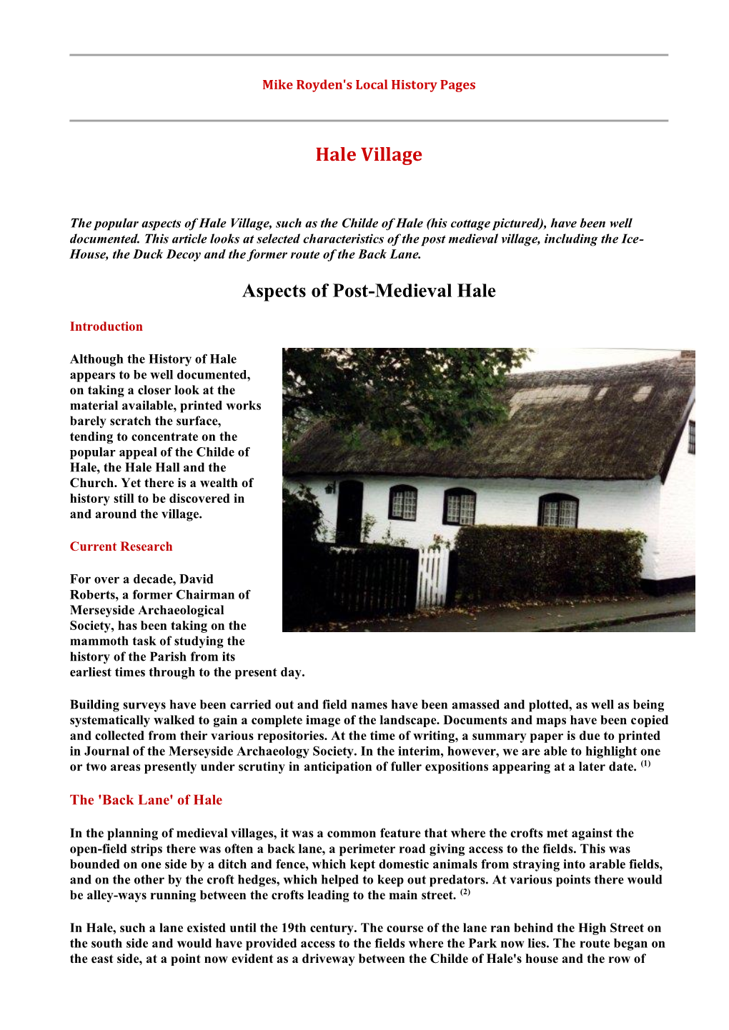 Hale Village Aspects of Post-Medieval Hale