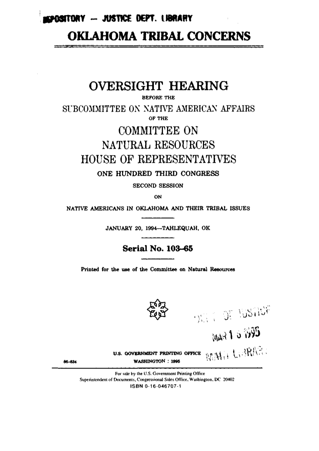 Justice Dept. Library Oklahoma Tribal Concerns Oversight Hearing