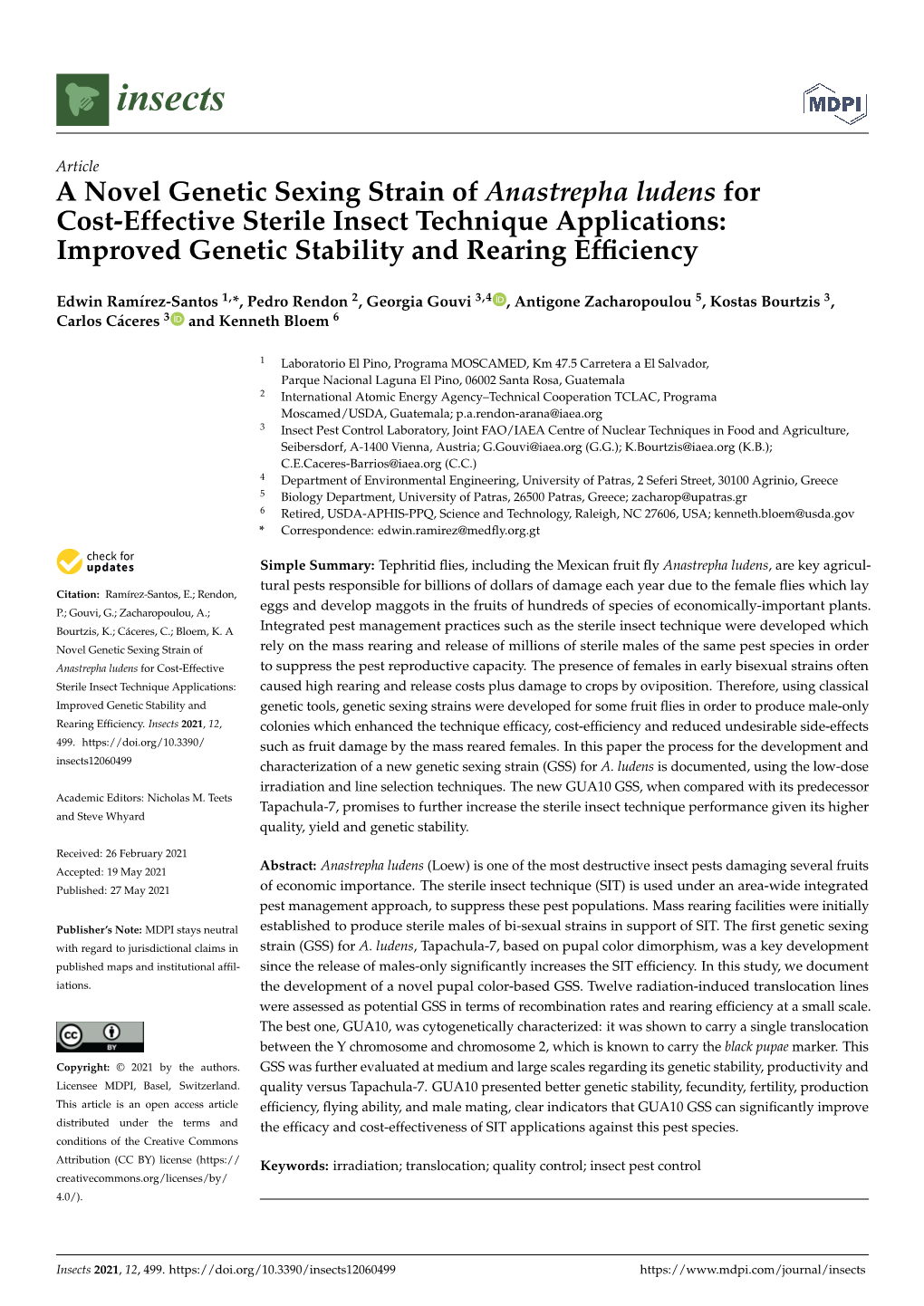 A Novel Genetic Sexing Strain of Anastrepha Ludens for Cost-Effective Sterile Insect Technique Applications: Improved Genetic Stability and Rearing Efﬁciency