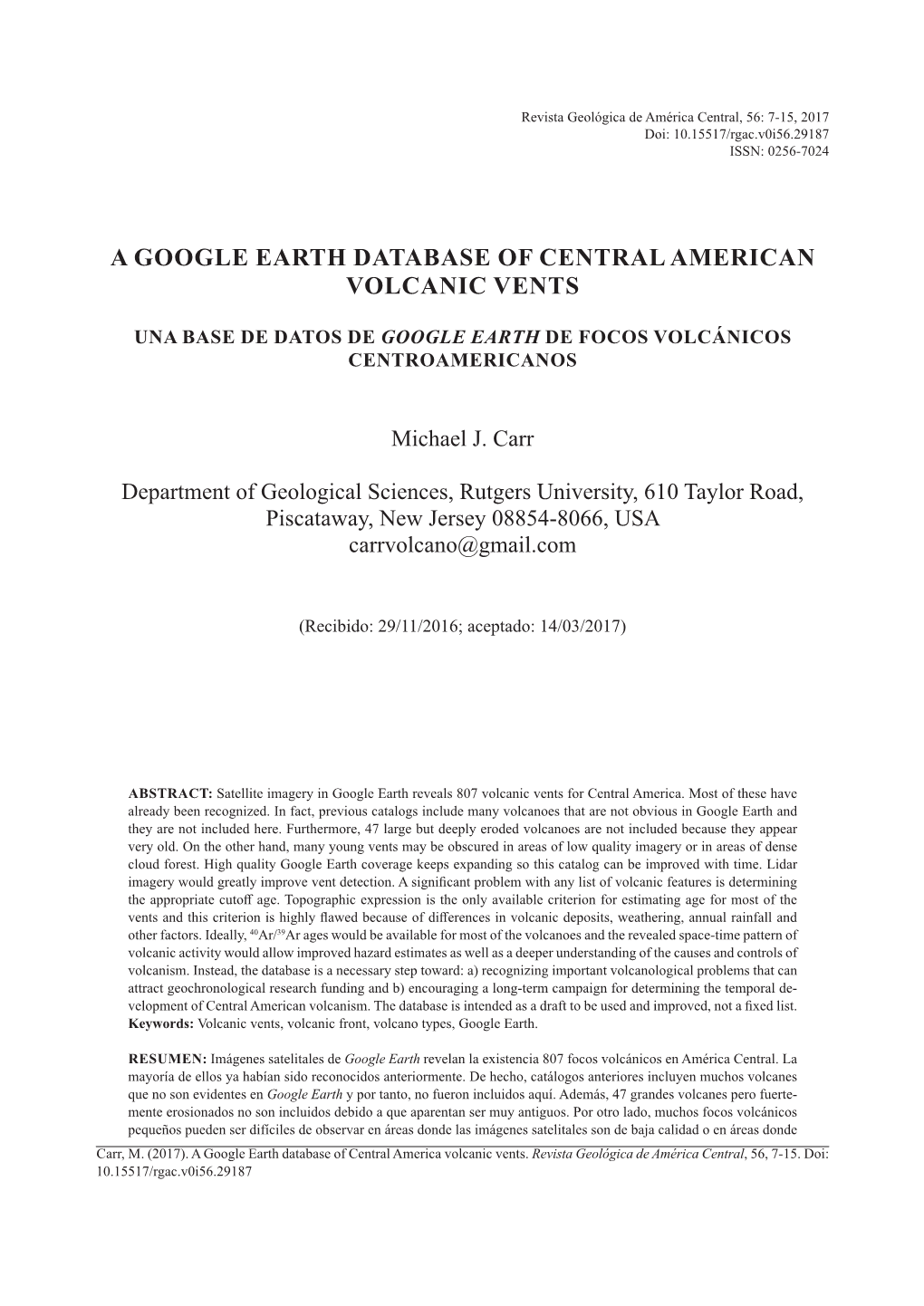 A Google Earth Database of Central American Volcanic Vents