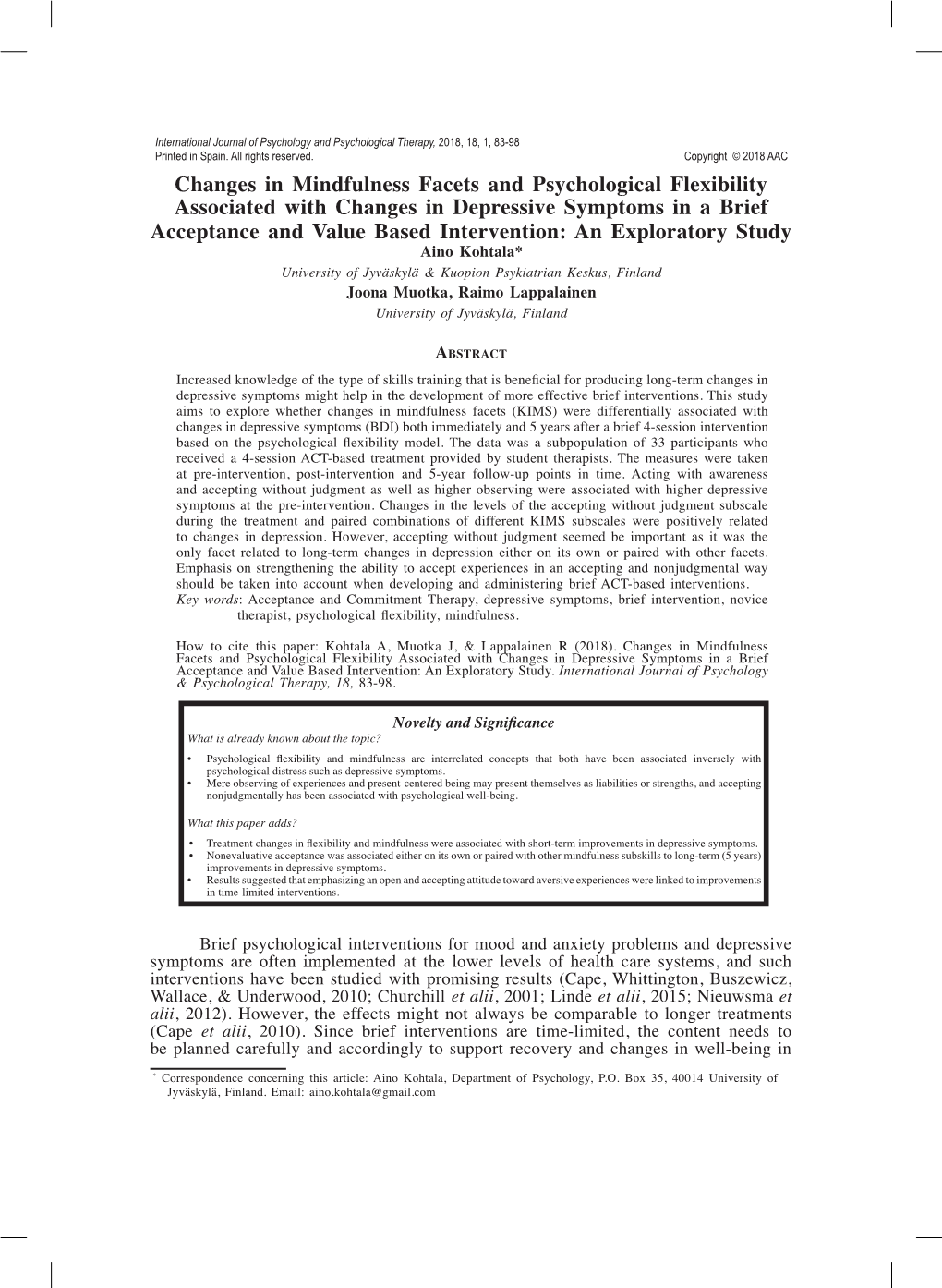 Changes in Mindfulness Facets and Psychological Flexibility Associated