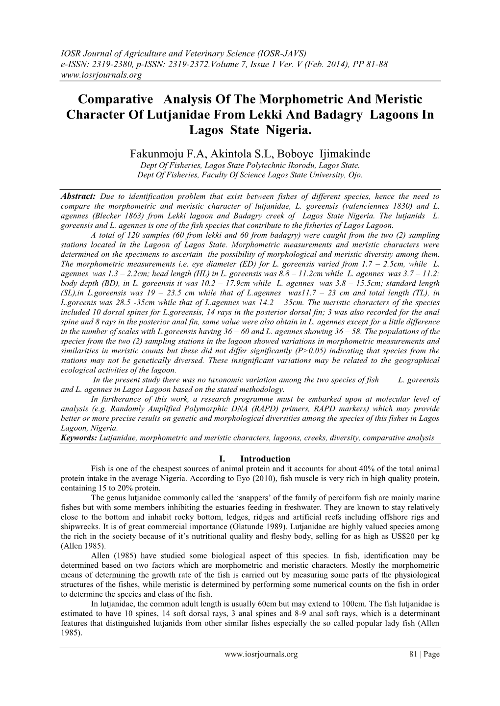 Comparative Analysis of the Morphometric and Meristic Character of Lutjanidae from Lekki and Badagry Lagoons in Lagos State Nigeria