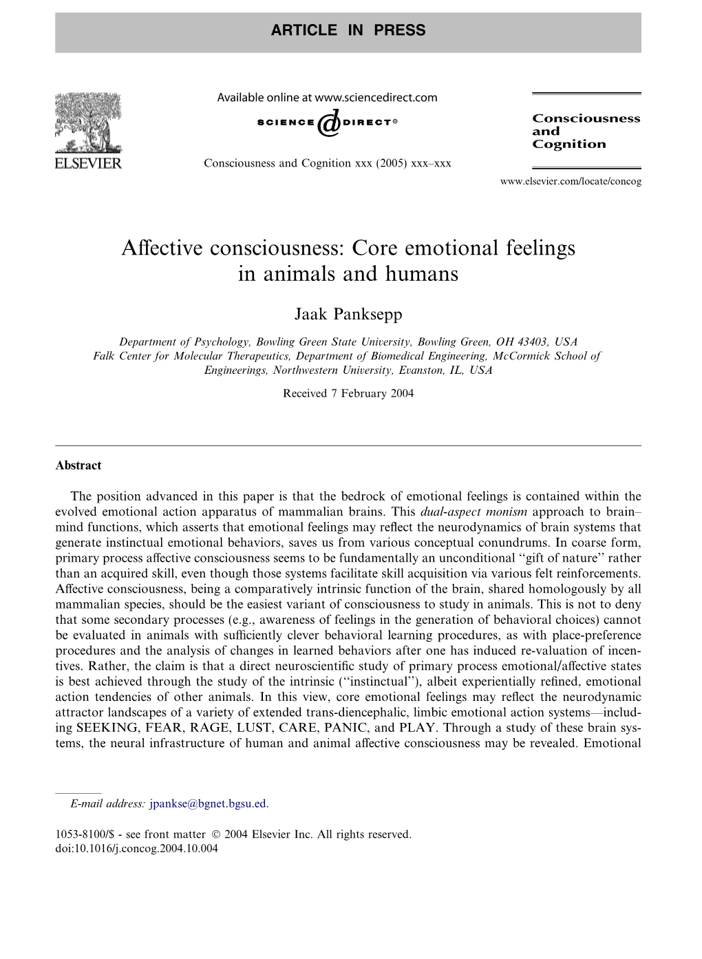 Affective Consciousness: Core Emotional Feelings in Animals And