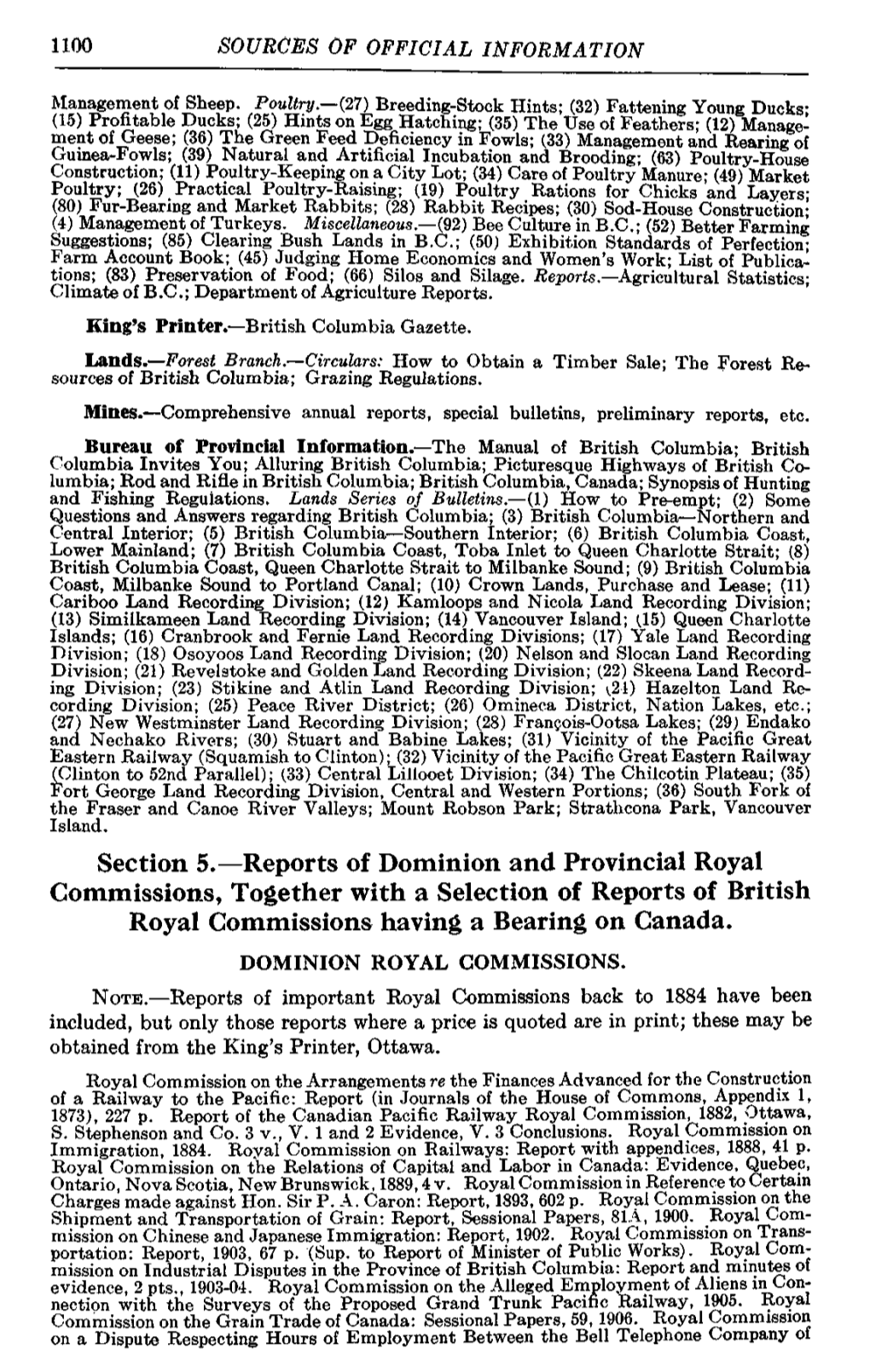 Section 5.—Reports of Dominion and Provincial Royal Commissions, Together with a Selection of Reports of British Royal Commissions Having a Bearing on Canada