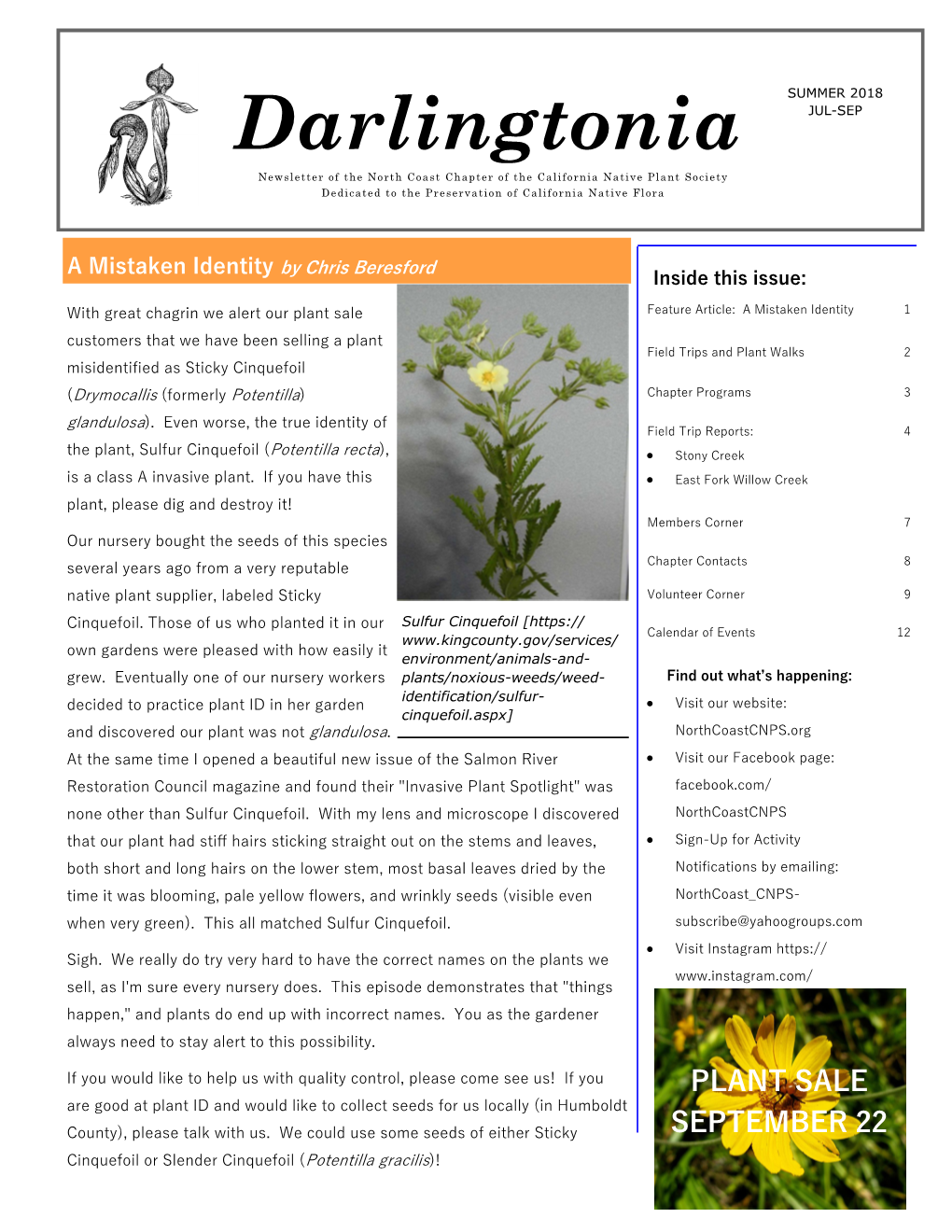 Darlingtonia Summer 2018 Chapter Programs and Meetings