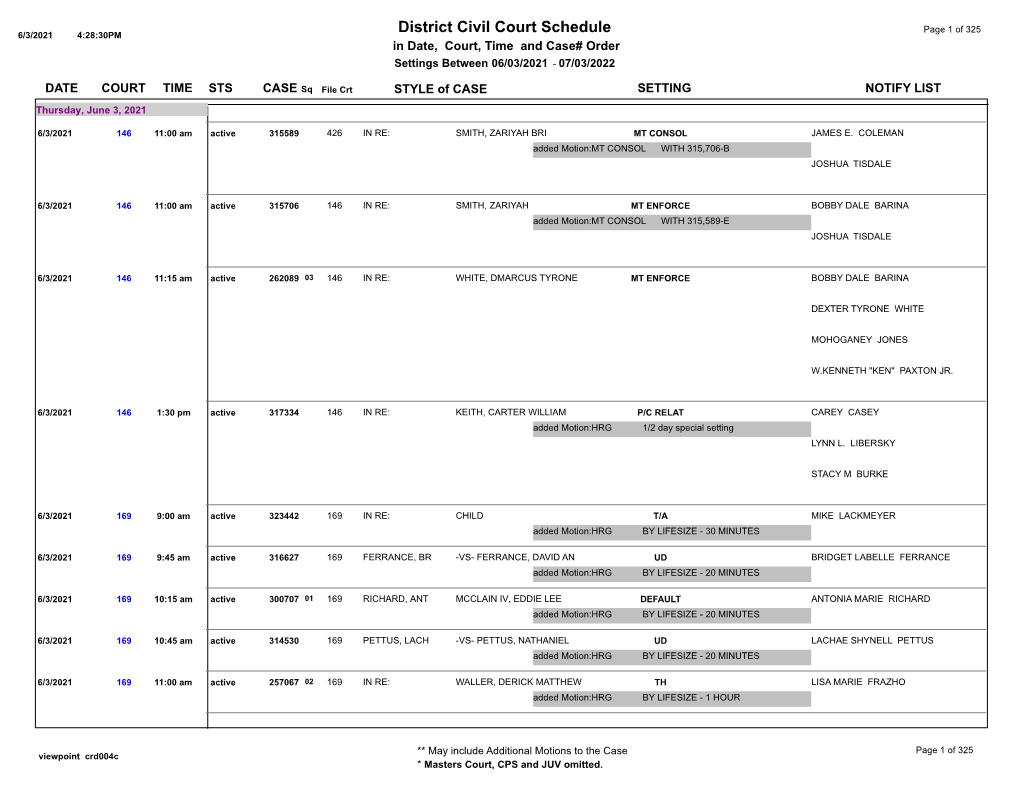 District Civil Court Schedule Page 1 of 325 6/3/2021 4:28:30PM in Date, Court, Time and Case# Order Settings Between 06/03/2021 - 07/03/2022