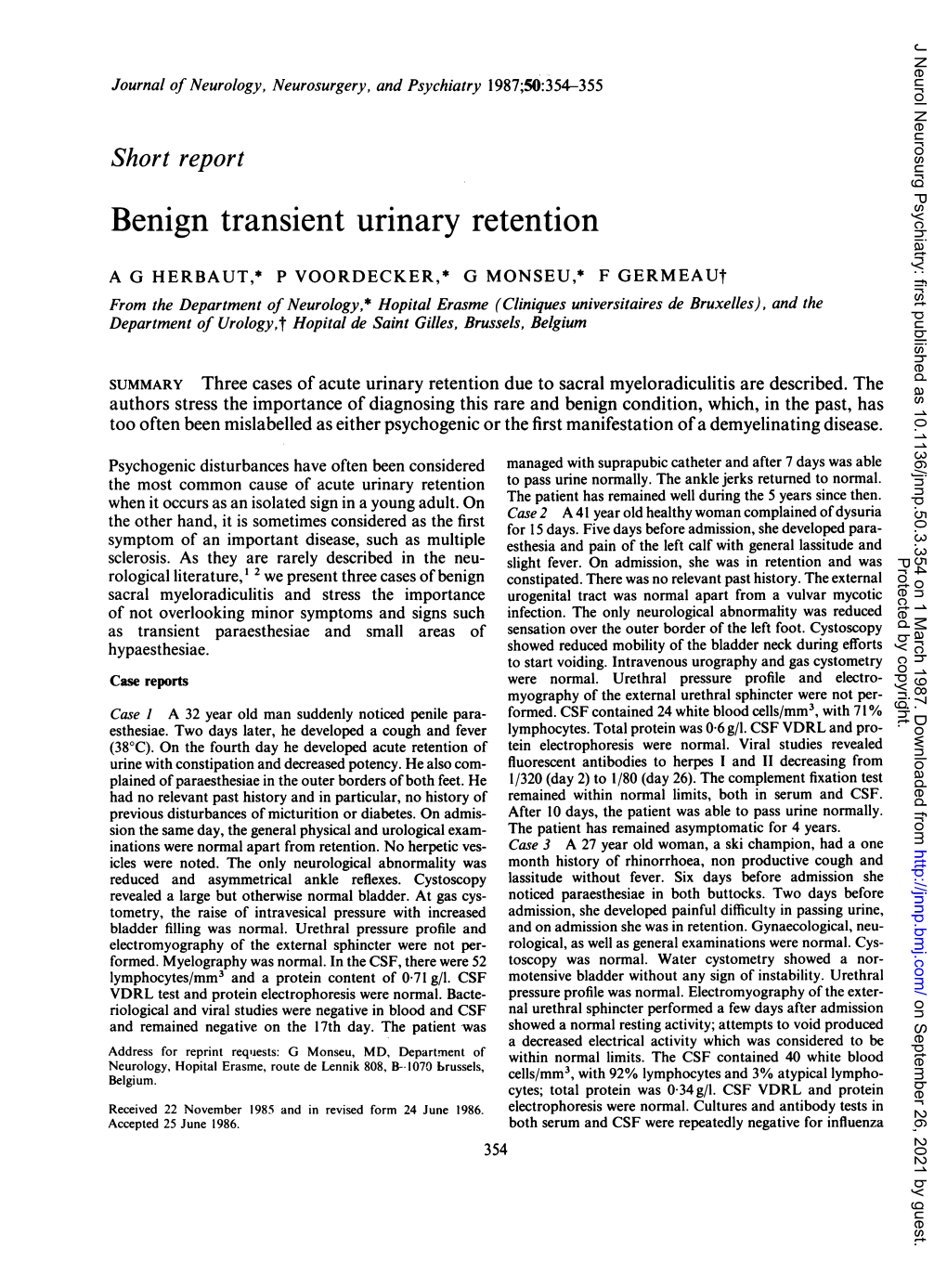 Benign Transient Urinary Retention