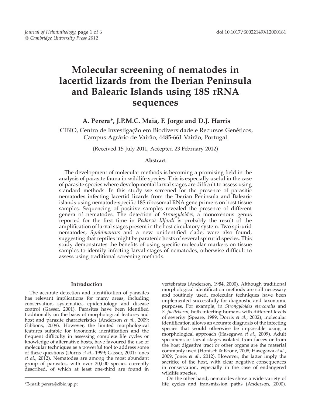 Molecular Screening of Nematodes in Lacertid Lizards from the Iberian Peninsula and Balearic Islands Using 18S Rrna Sequences