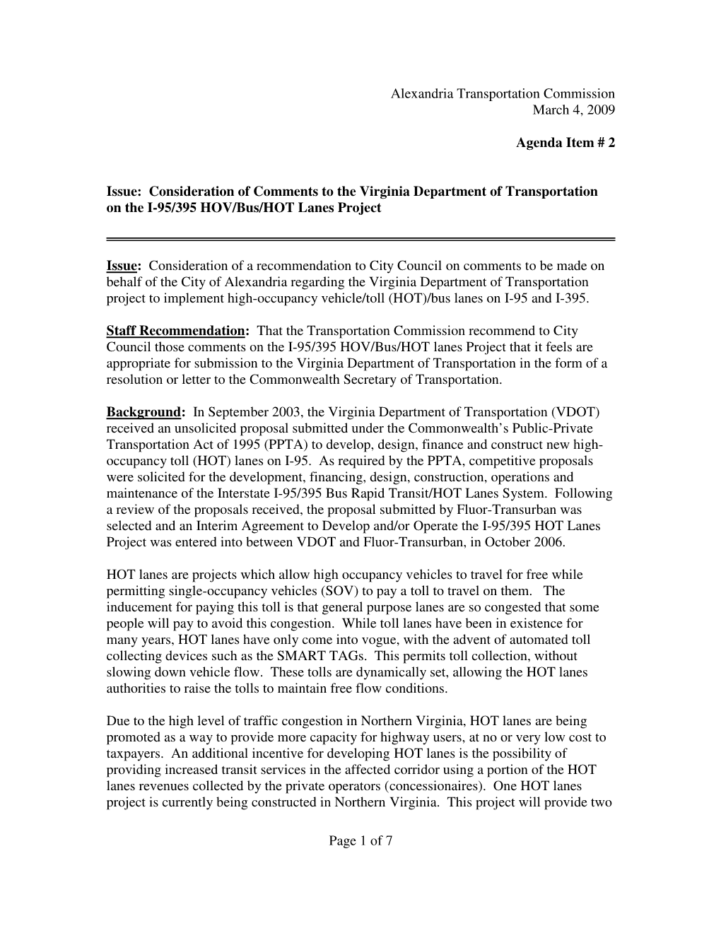 Page 1 of 7 Alexandria Transportation Commission March 4, 2009 Agenda