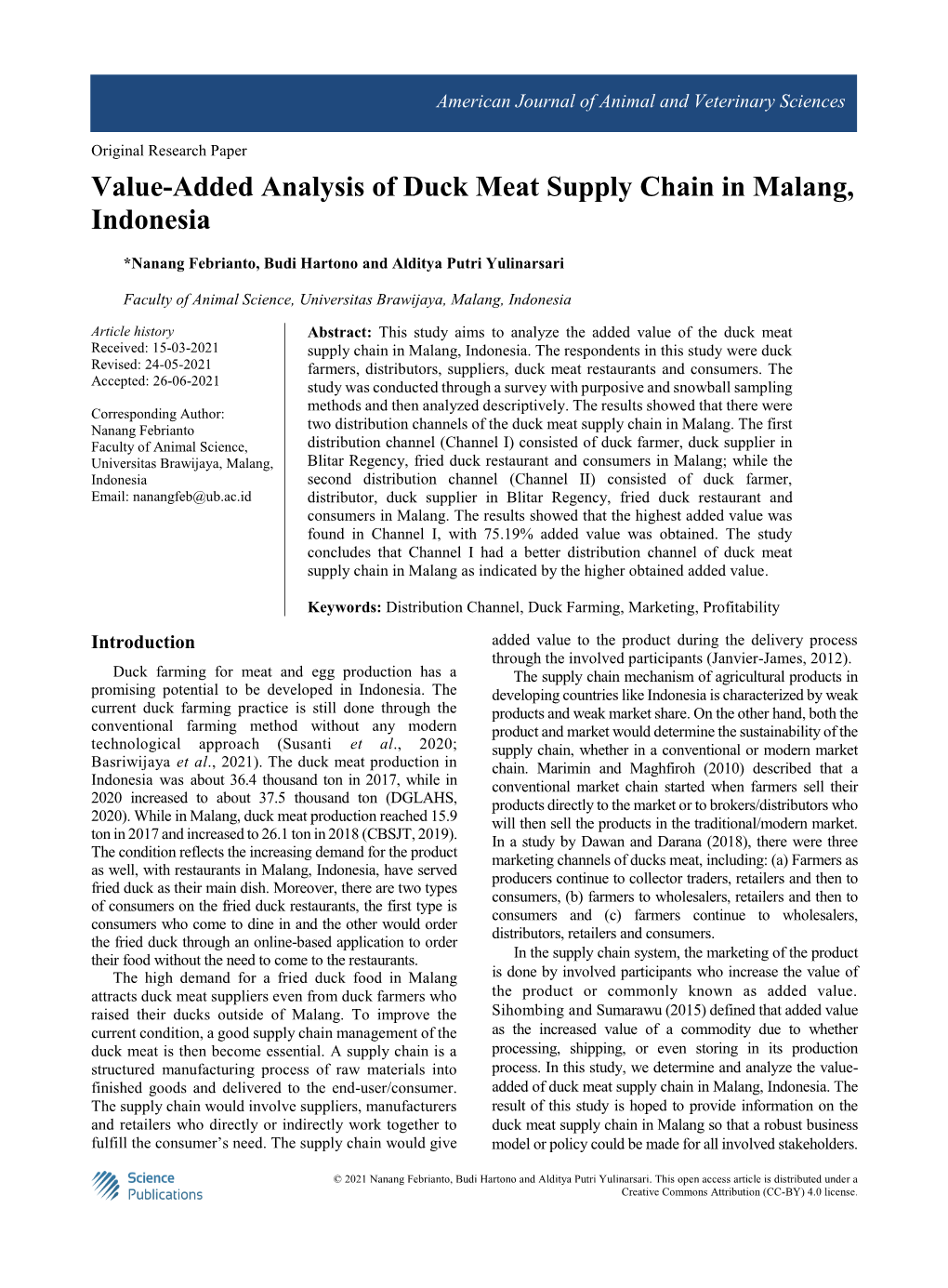Value-Added Analysis of Duck Meat Supply Chain in Malang, Indonesia
