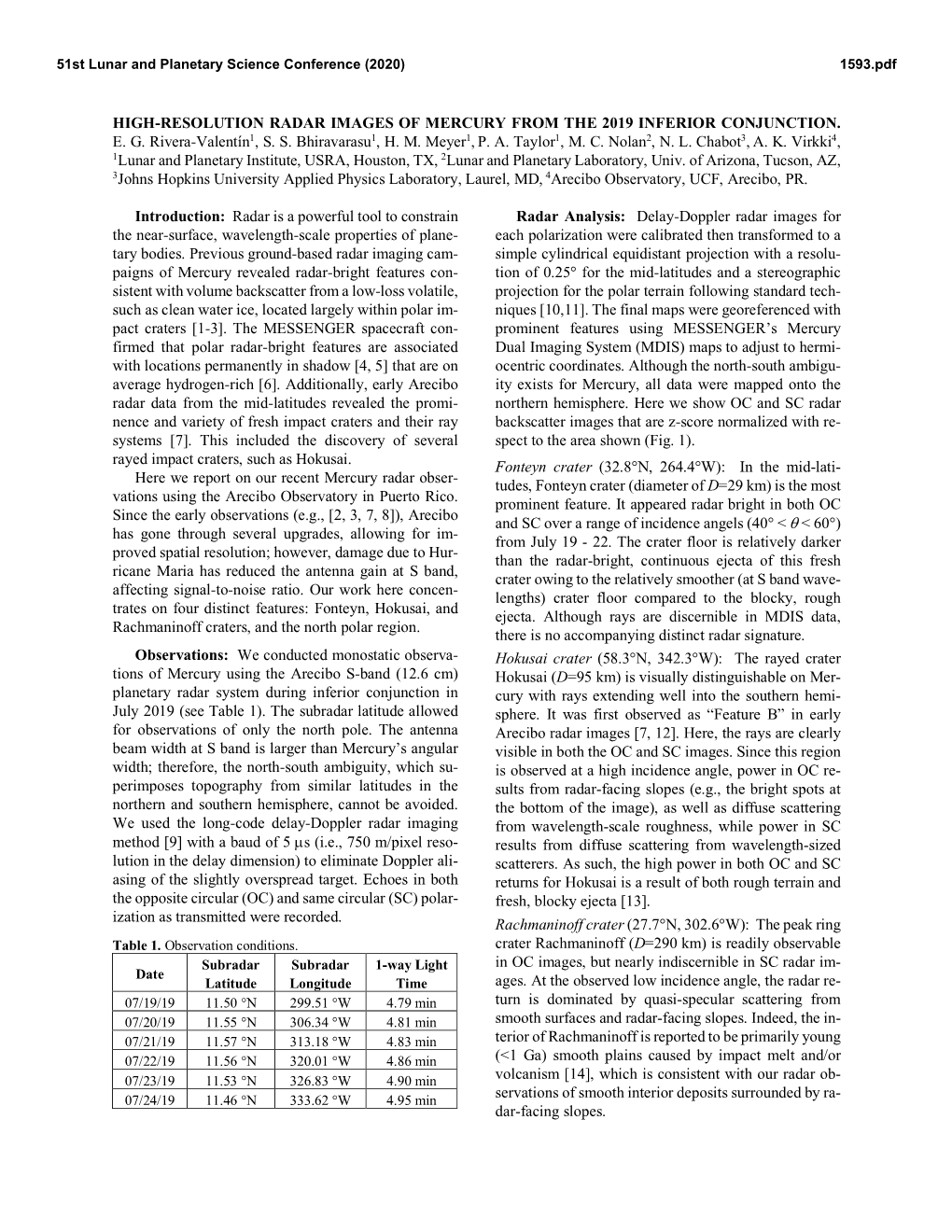 HIGH-RESOLUTION RADAR IMAGES of MERCURY from the 2019 INFERIOR CONJUNCTION. E. G. Rivera-Valentín1, S. S. Bhiravarasu1, H. M. Meyer1, P