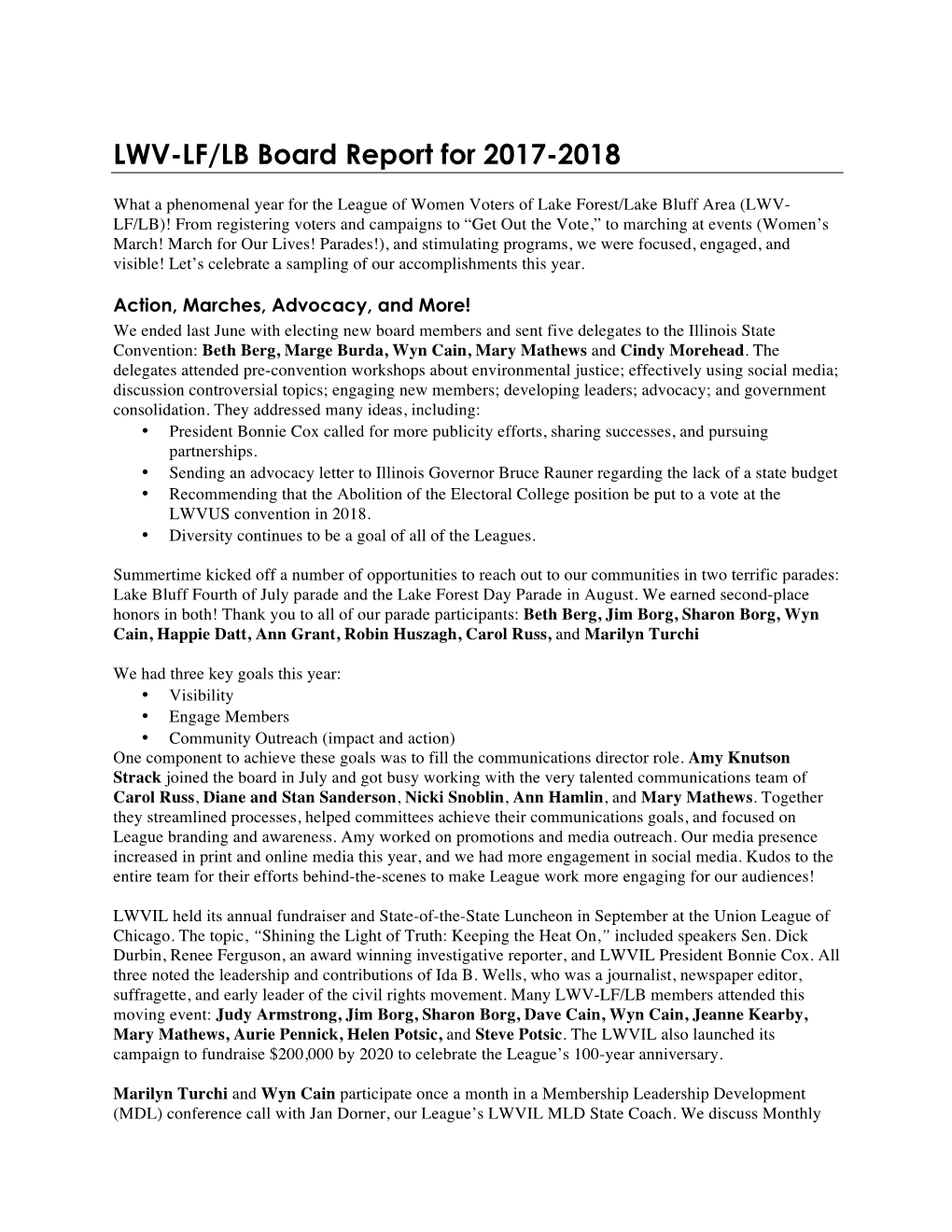 LWV-LF/LB Board Report for 2017-2018