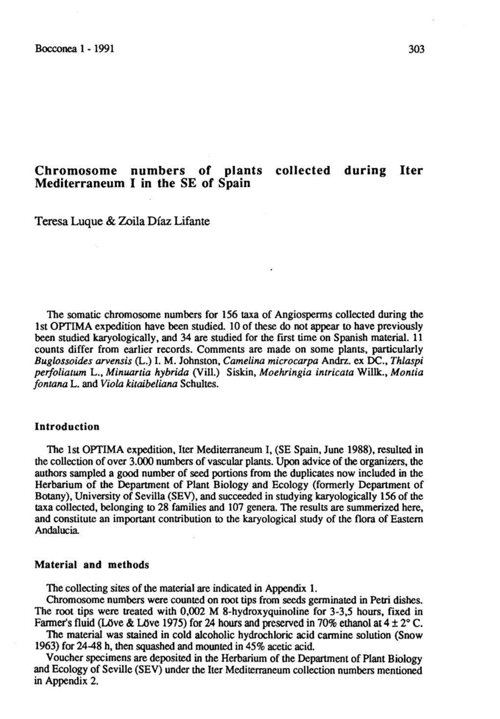 Chromosome Numbers of Plants Collected During Iter Mediterraneum I in the SE of Spain