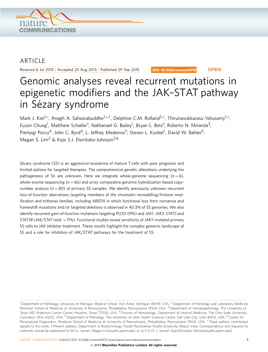 Genomic Analyses Reveal Recurrent Mutations in Epigenetic Modifiers