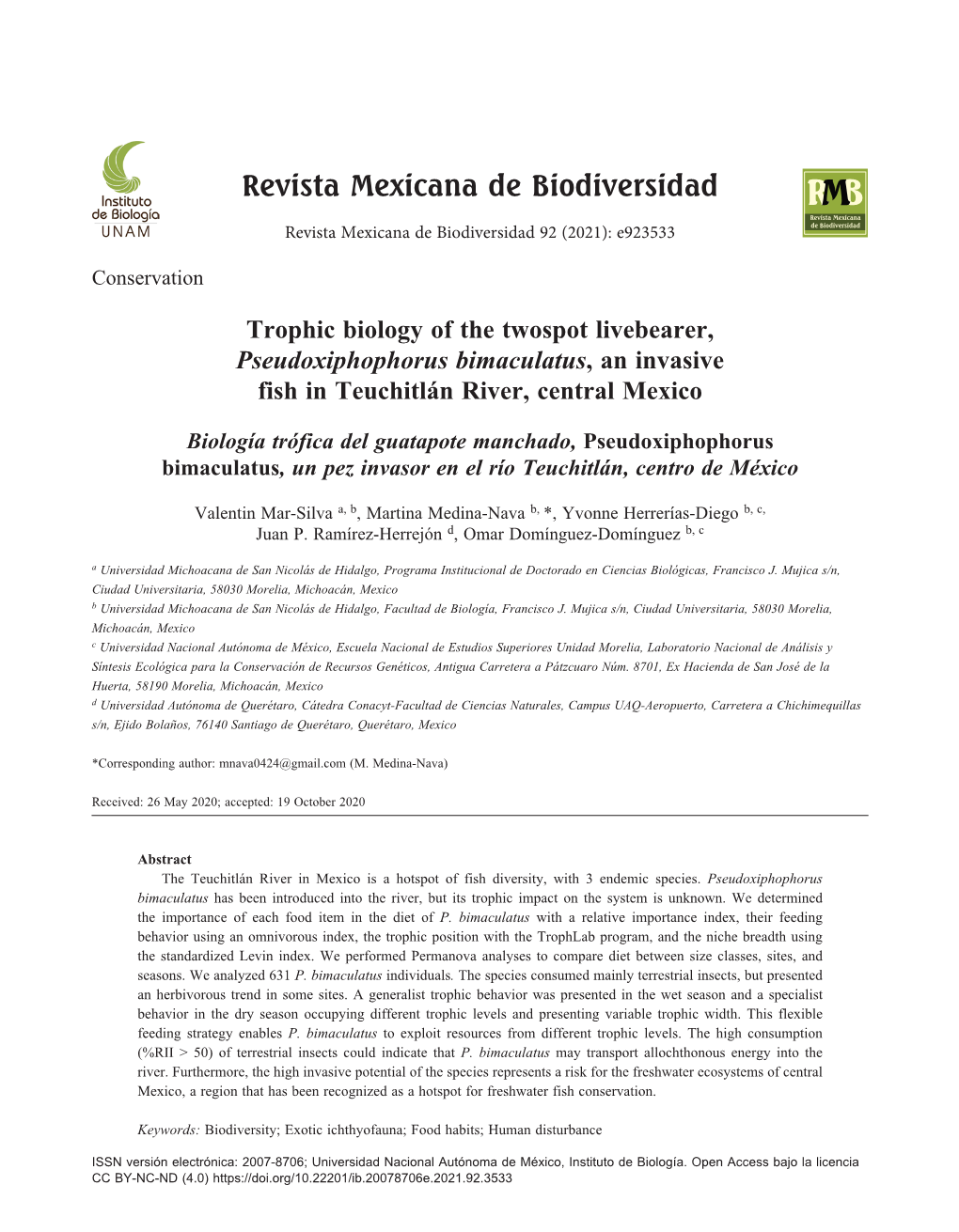 Trophic Biology of the Twospot Livebearer, Pseudoxiphophorus Bimaculatus, an Invasive Fish in Teuchitlán River, Central Mexico