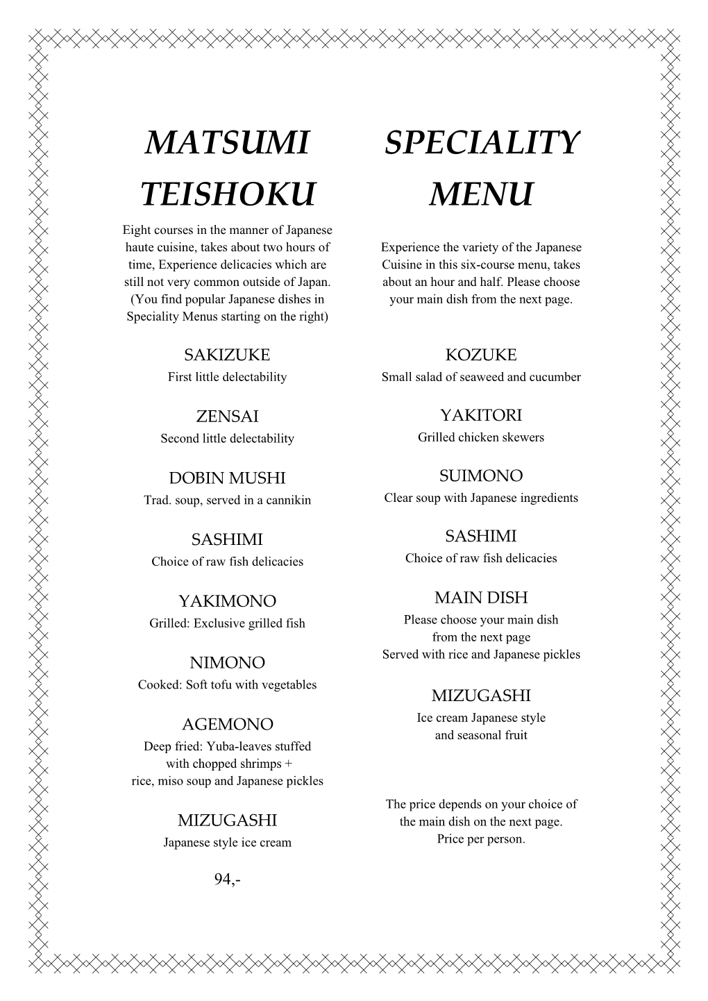 Matsumi Teishoku Speciality Menu