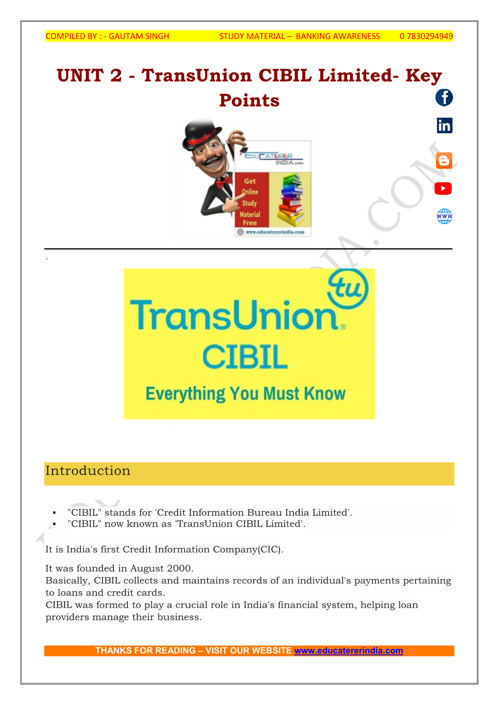 UNIT 2 - Transunion CIBIL Limited- Key Points