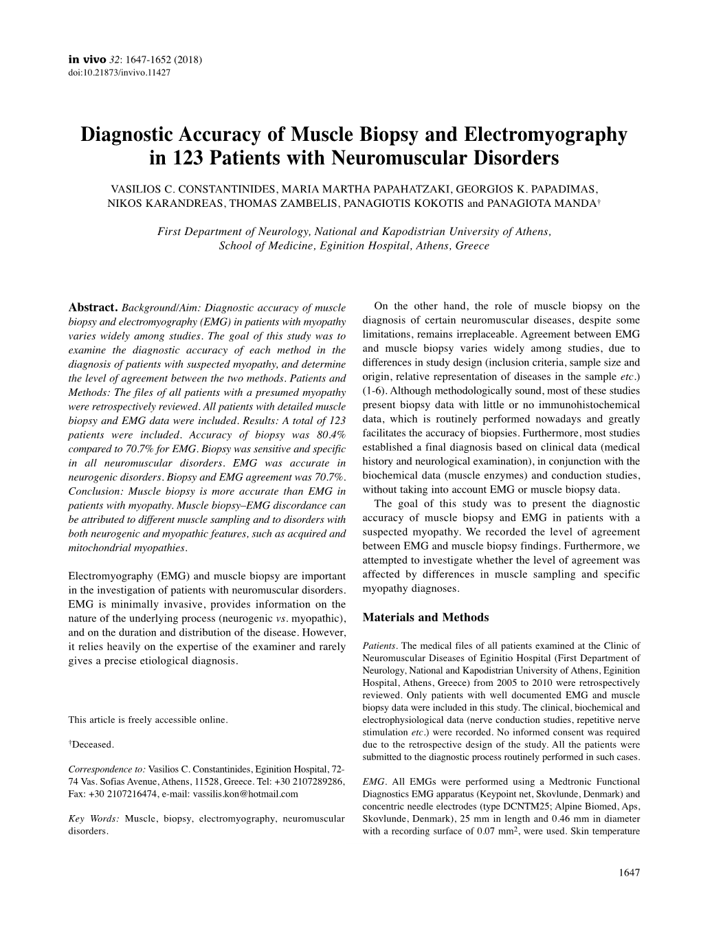 Diagnostic Accuracy of Muscle Biopsy and Electromyography in 123 Patients with Neuromuscular Disorders VASILIOS C