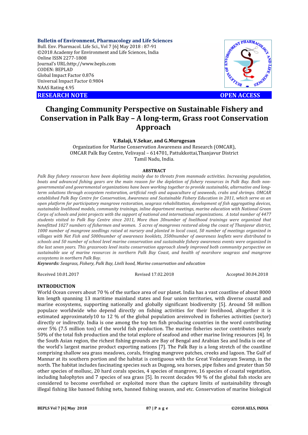 Changing Community Perspective on Sustainable Fishery and Conservation in Palk Bay – a Long-Term, Grass Root Conservation Approach