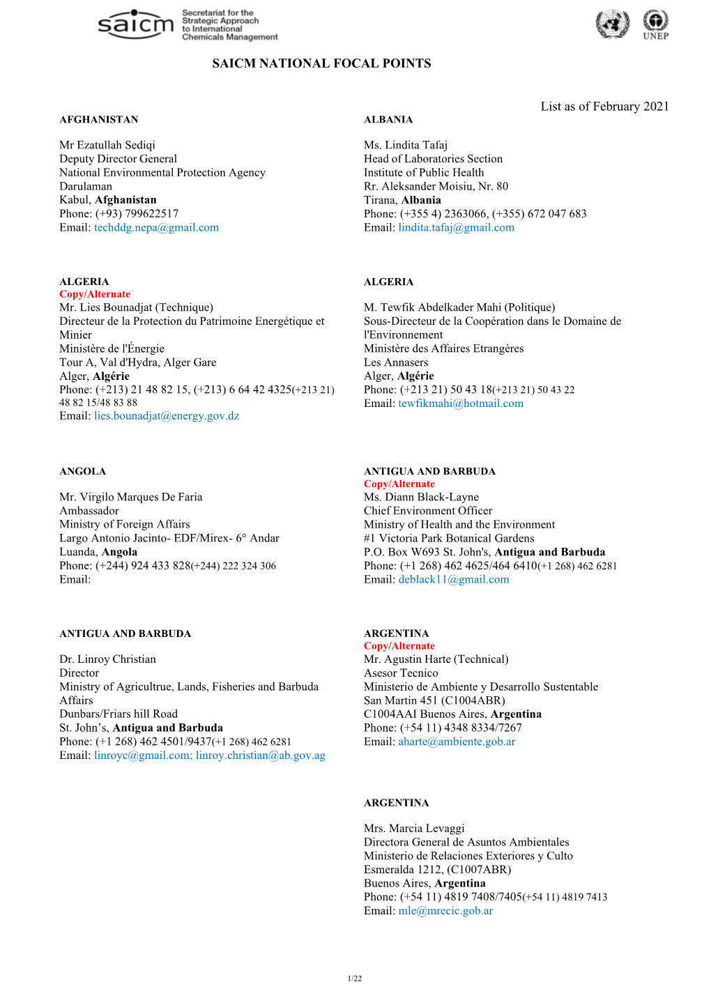 SAICM NATIONAL FOCAL POINTS List As of February 2021