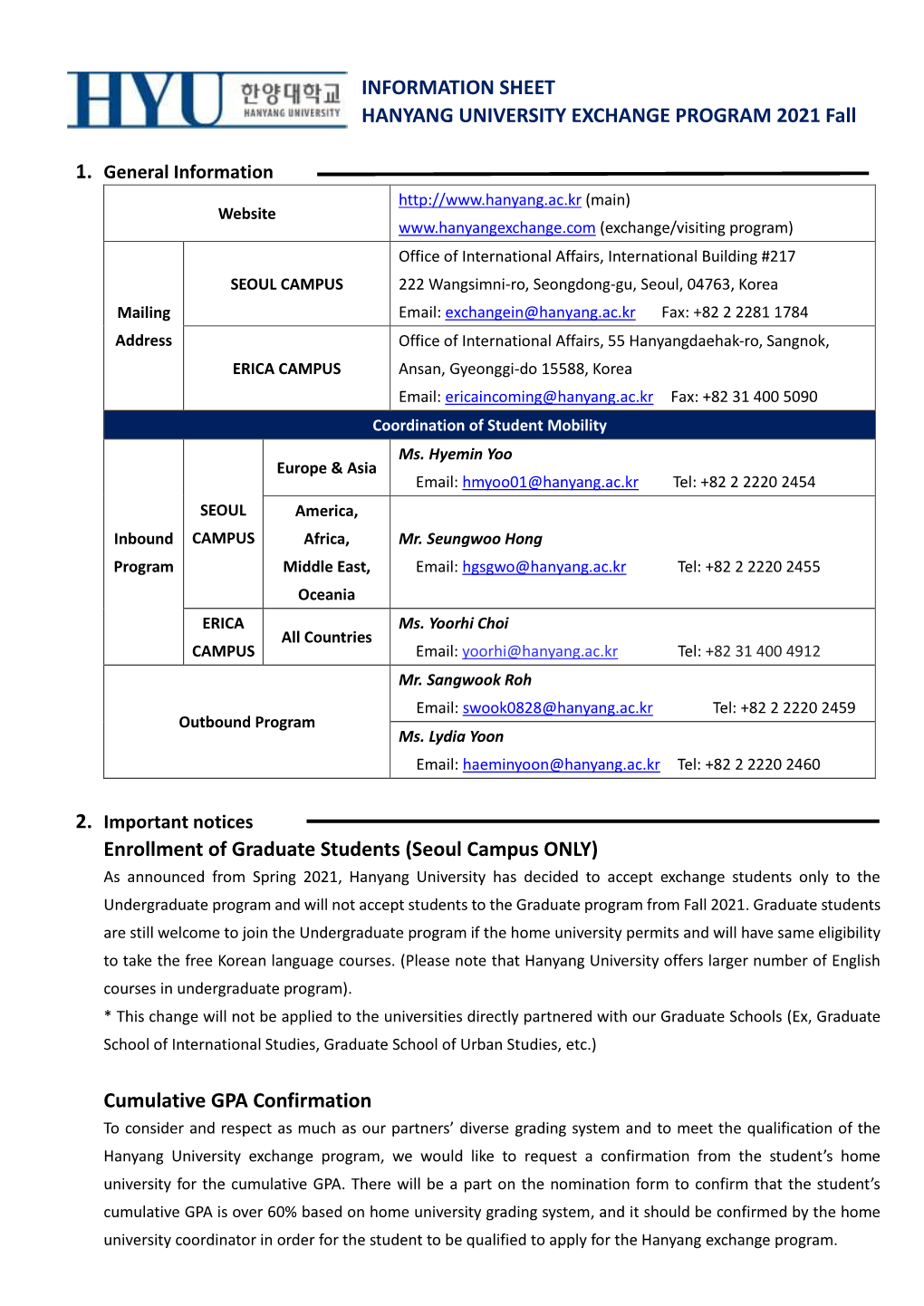 INFORMATION SHEET HANYANG UNIVERSITY EXCHANGE PROGRAM 2021 Fall