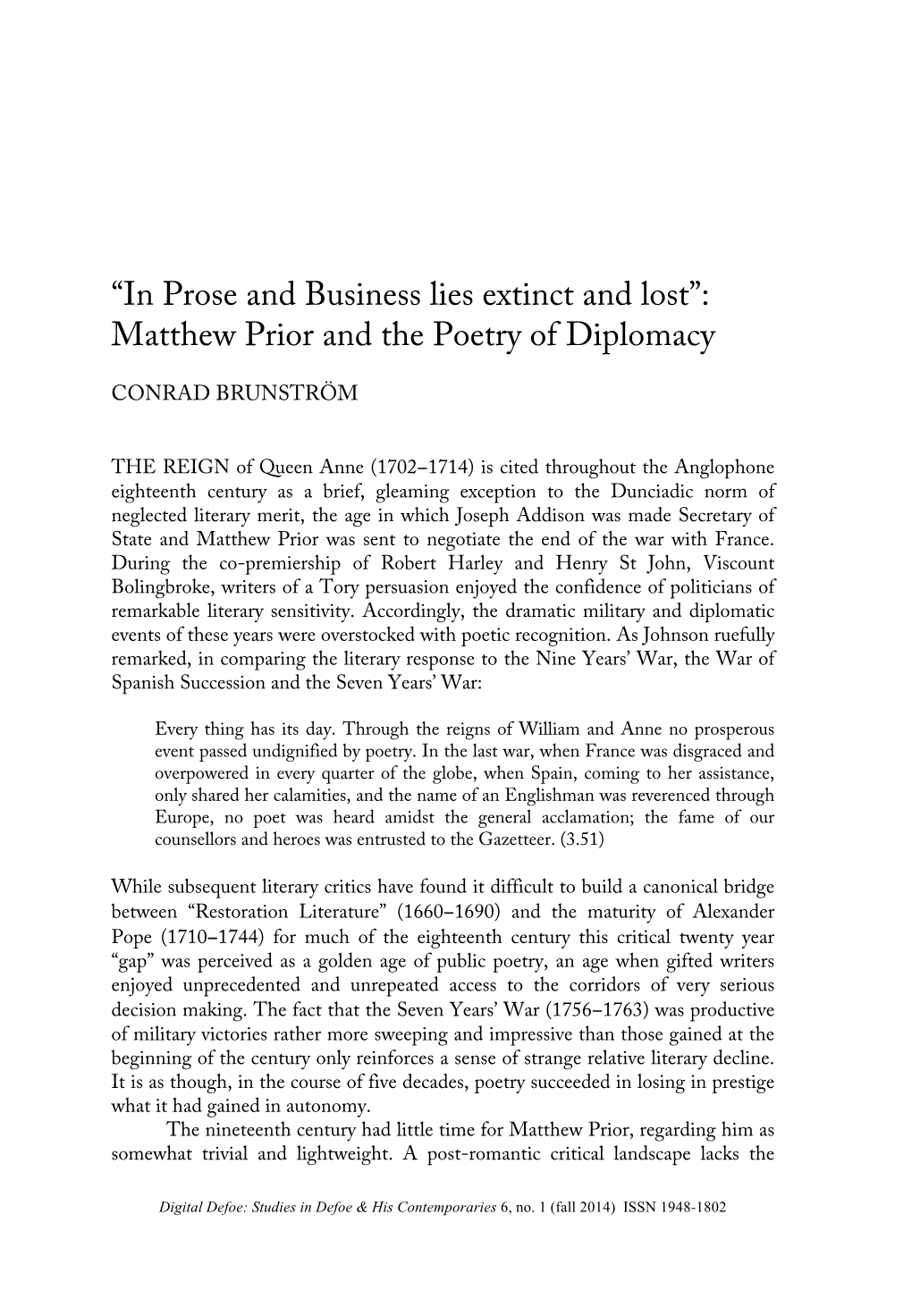 Matthew Prior and the Poetry of Diplomacy