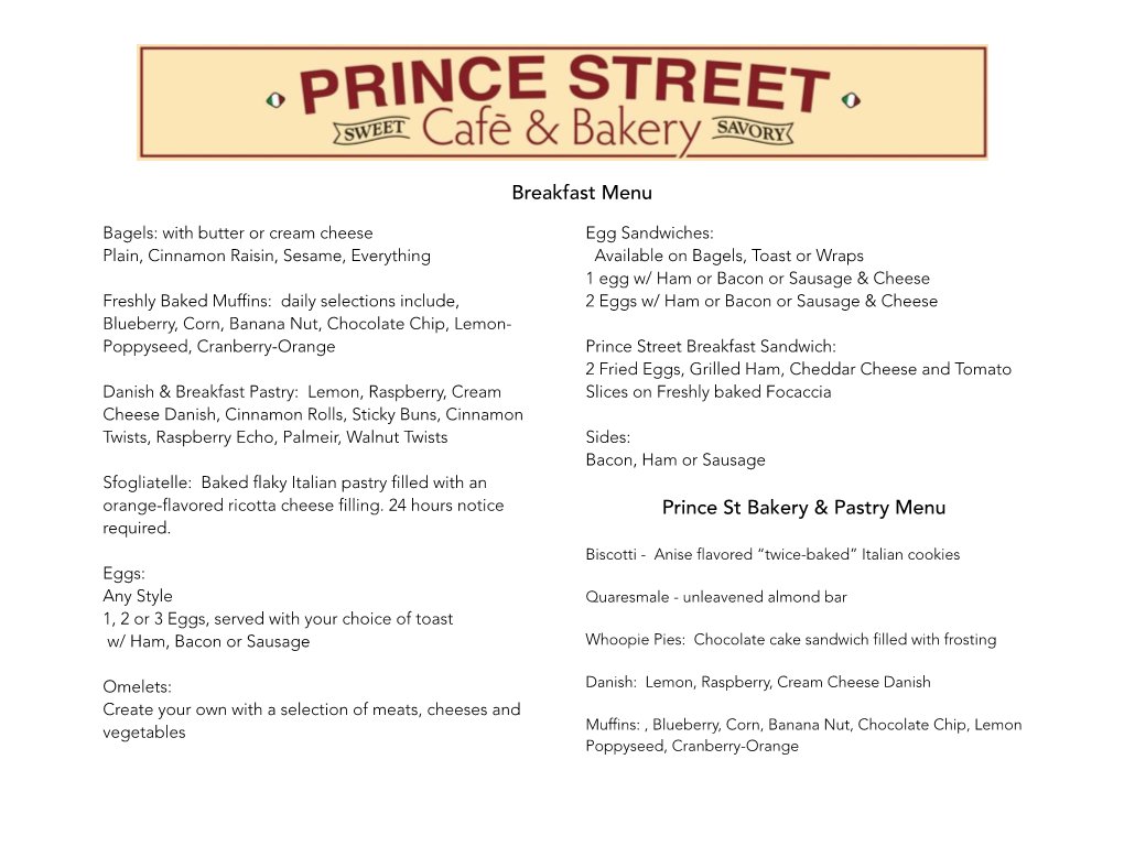 Breakfast Menu Prince St Bakery & Pastry Menu