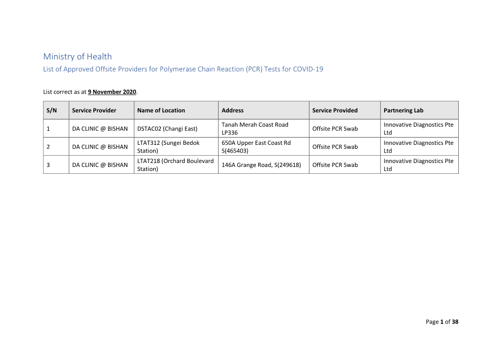 Ministry of Health List of Approved Offsite Providers for Polymerase Chain Reaction (PCR) Tests for COVID-19