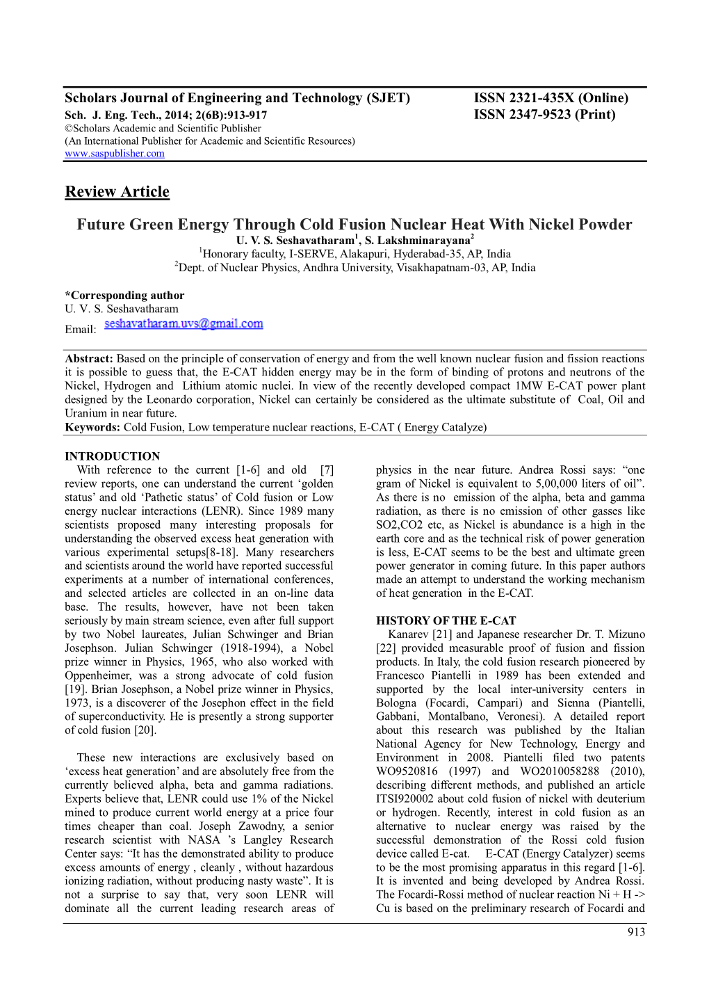 Review Article Future Green Energy Through Cold Fusion Nuclear Heat