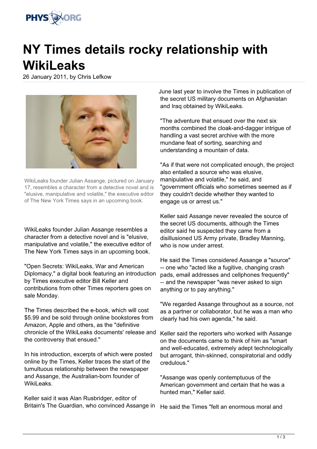 NY Times Details Rocky Relationship with Wikileaks 26 January 2011, by Chris Lefkow