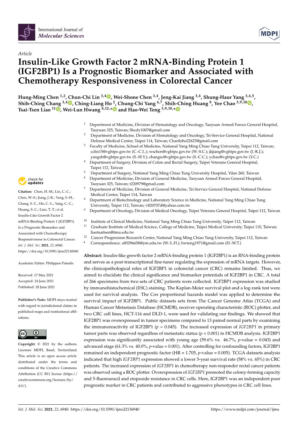 (IGF2BP1) Is a Prognostic Biomarker and Associated with Chemotherapy Responsiveness in Colorectal Cancer