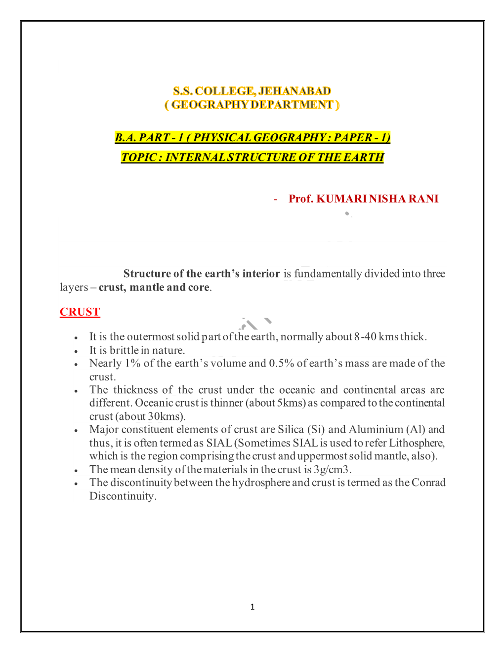 ( Physical Geography : Paper - 1) Topic : Internal Structure of the Earth