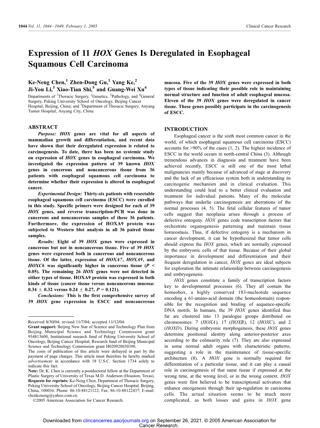 Expression of 11 HOX Genes Is Deregulated in Esophageal Squamous Cell Carcinoma