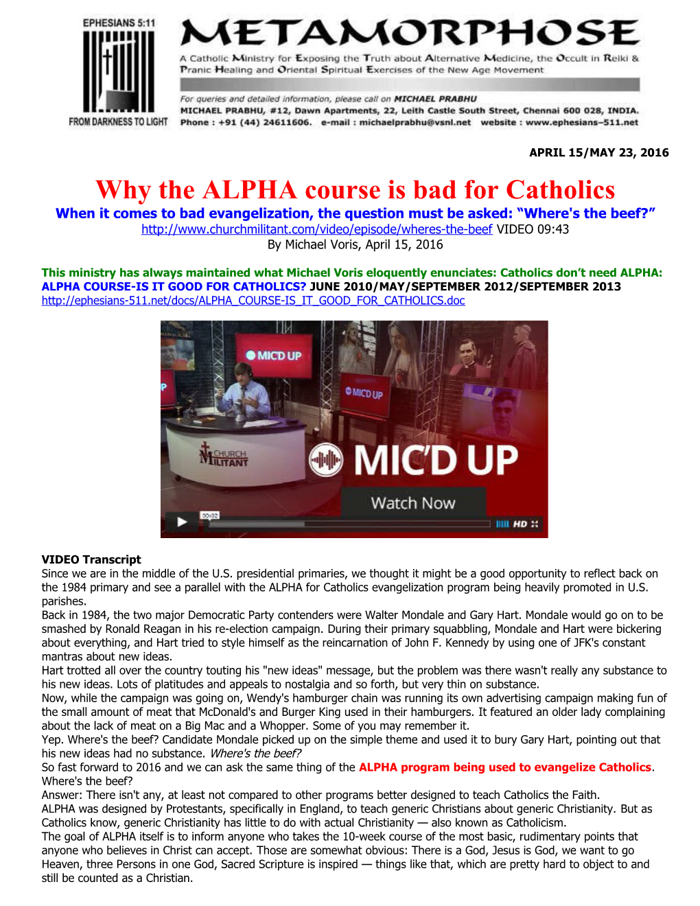 Why the ALPHA Course Is Bad for Catholics