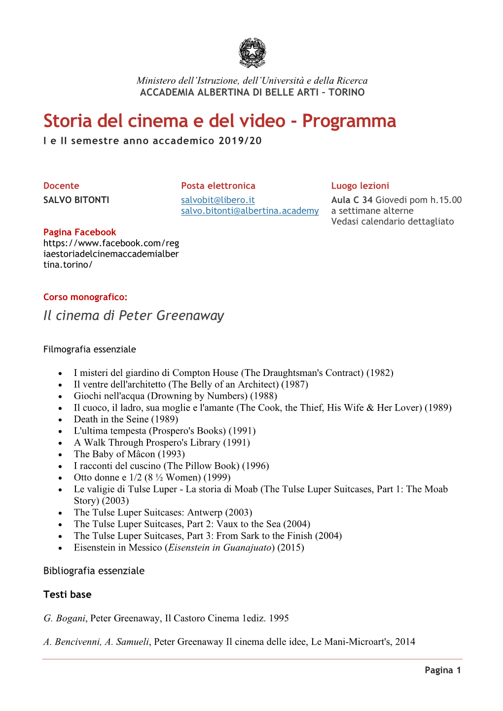 Storia Del Cinema E Del Video - Programma I E II Semestre Anno Accademico 2019/20