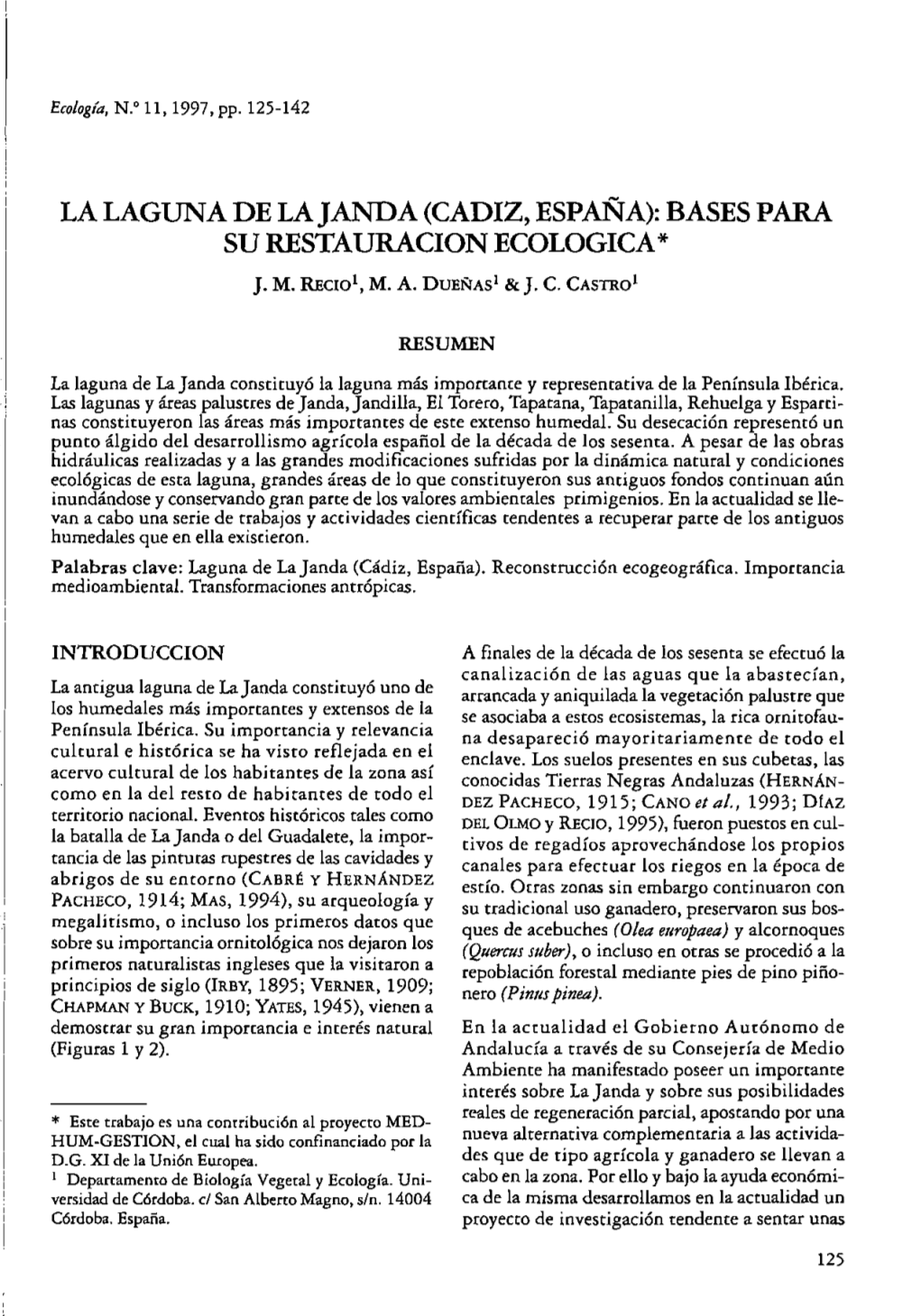 La Laguna De Lajanda (Cadiz, España): Bases Para Su Restauracion Ecologica*