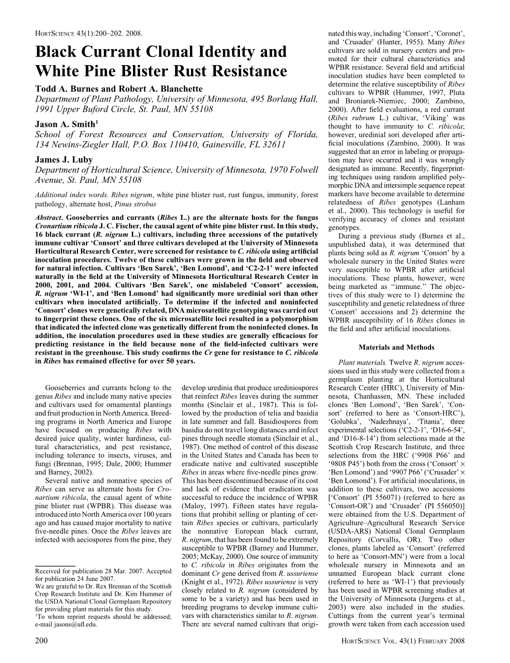 Black Currant Clonal Identity and White Pine Blister Rust Resistance