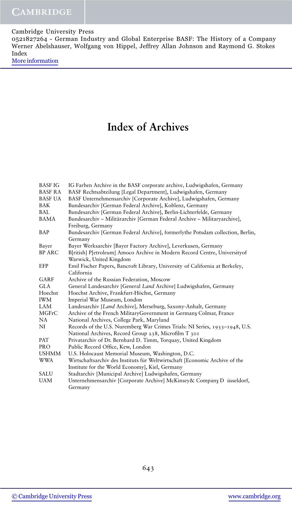 Index of Archives