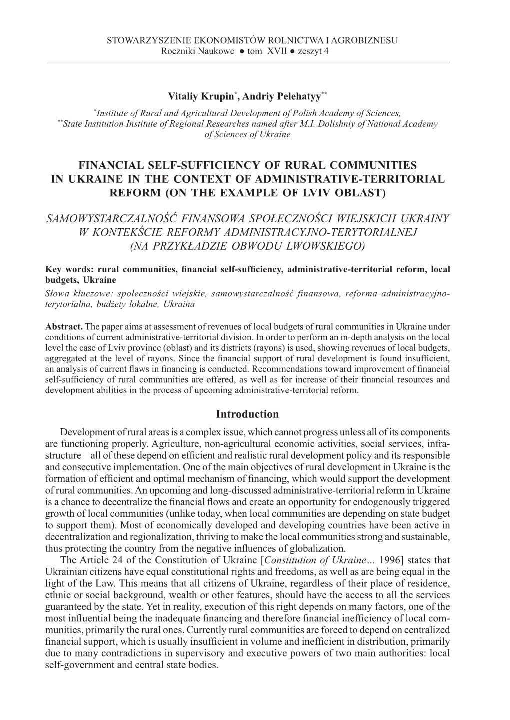 Financial Self-Sufficiency of Rural Communities in Ukraine in the Context of Administrative-Territorial Reform (On the Example of Lviv Oblast)