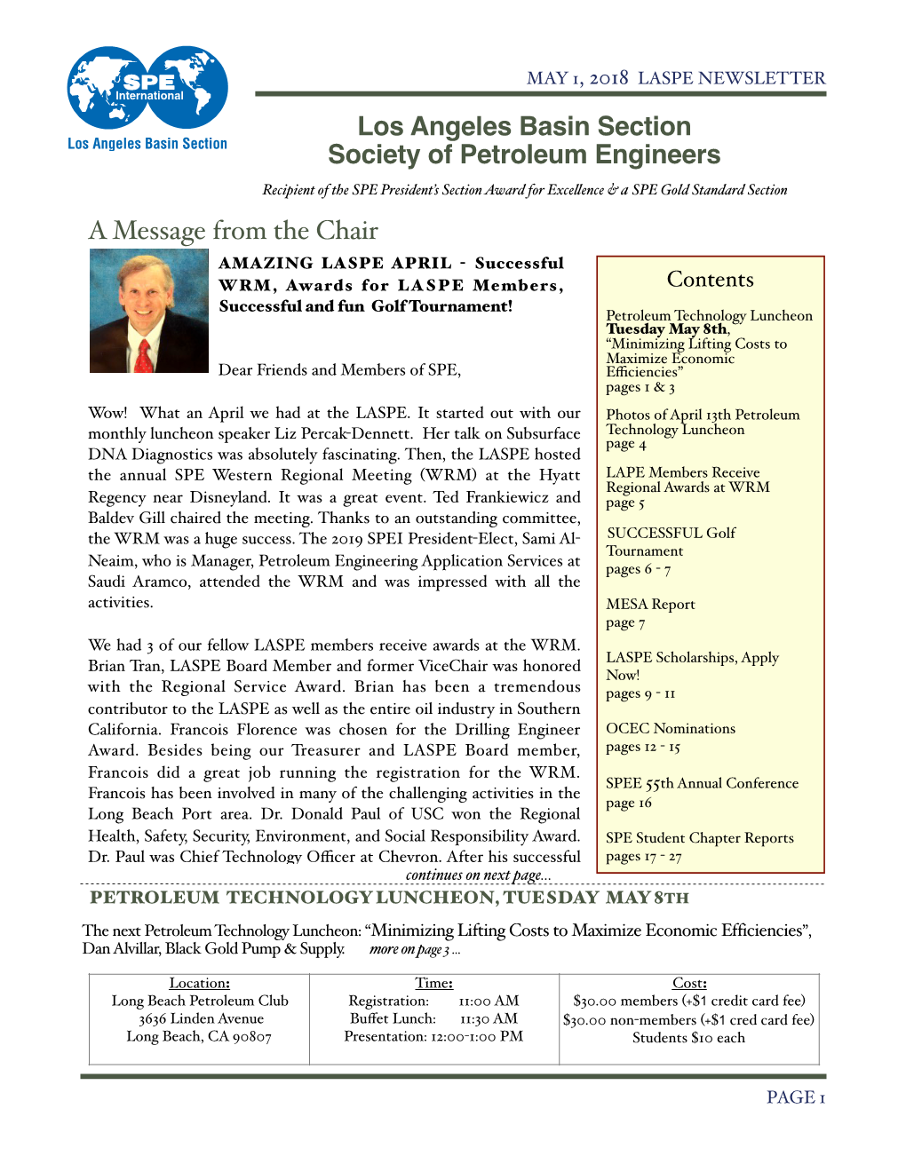 Los Angeles Basin Section Society of Petroleum Engineers a Message