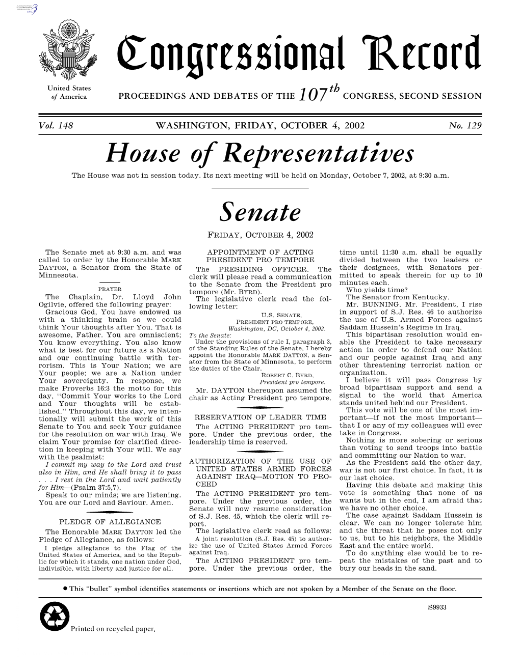 Congressional Record United States Th of America PROCEEDINGS and DEBATES of the 107 CONGRESS, SECOND SESSION